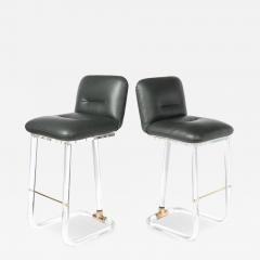 Leon Frost Mid Century Leon Frost Tubular Stools in Lucite Brass Holly Hunt Leather - 4491399