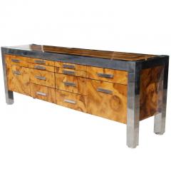 Leon Rosen Leon Rosen for Pace Collection Burled Wood and Chrome Credenza - 2676289