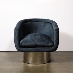 Leon Rosen Mid Century Chrome Prussian Blue Velvet Swivel Chairs by Leon Rosen for Pace - 3861176