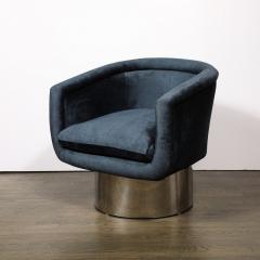 Leon Rosen Mid Century Chrome Prussian Blue Velvet Swivel Chairs by Leon Rosen for Pace - 3861178