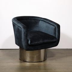 Leon Rosen Mid Century Chrome Prussian Blue Velvet Swivel Chairs by Leon Rosen for Pace - 3861181