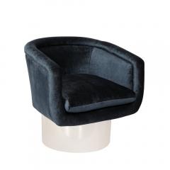 Leon Rosen Mid Century Chrome Prussian Blue Velvet Swivel Chairs by Leon Rosen for Pace - 3861182