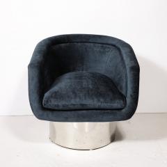 Leon Rosen Mid Century Chrome Prussian Blue Velvet Swivel Chairs by Leon Rosen for Pace - 3861183