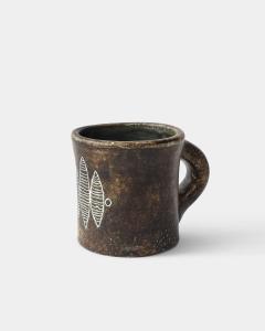 Les 2 Potiers Michelle et Jacques Serre Glazed Ceramic Cup with Geometric Leaf Abstraction France c 1965 - 4425609