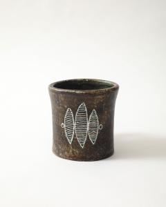 Les 2 Potiers Michelle et Jacques Serre Glazed Ceramic Cup with Geometric Leaf Abstraction France c 1965 - 4425610