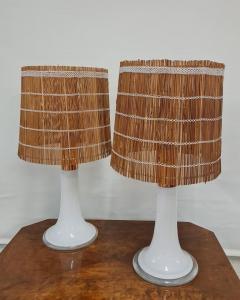 Lisa Johansson Pape Lisa Johansson Pape Pair of Table Lamps Opal Glass Copper Rattan Orno 1960s - 3944916