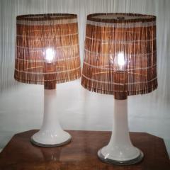 Lisa Johansson Pape Lisa Johansson Pape Pair of Table Lamps Opal Glass Copper Rattan Orno 1960s - 3944918