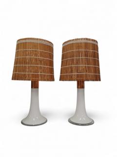 Lisa Johansson Pape Lisa Johansson Pape Pair of Table Lamps Opal Glass Copper Rattan Orno 1960s - 3944921