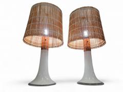 Lisa Johansson Pape Lisa Johansson Pape Pair of Table Lamps Opal Glass Copper Rattan Orno 1960s - 3944924