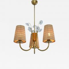 Lisa Johansson Pape Lisa Johansson Pape Pendant in Brass Birch Rattan Glass Flowers Orno 1950s - 4319345
