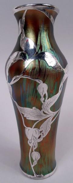 Loetz Art Nouveau Iridescent Vase with Leafing Silver Overlay - 4059239