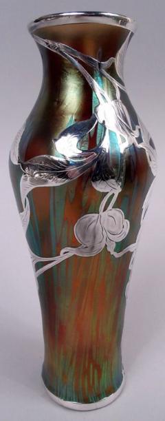 Loetz Art Nouveau Iridescent Vase with Leafing Silver Overlay - 4059243