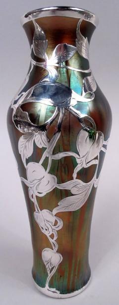 Loetz Art Nouveau Iridescent Vase with Leafing Silver Overlay - 4059245