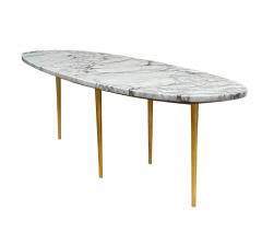 Long Oval Midcentury Italian White Marble Cocktail Table with Gold Stiletto Legs - 4324695