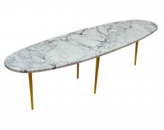 Long Oval Midcentury Italian White Marble Cocktail Table with Gold Stiletto Legs - 4324699