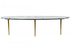 Long Oval Midcentury Italian White Marble Cocktail Table with Gold Stiletto Legs - 4324709