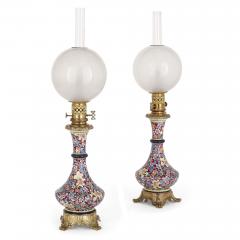 Longwy Pair of French Chinoiserie style faience glass and gilt bronze lamps - 1548973