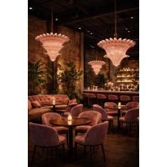 Lot of 2 Mid Century Modern Pink Palmette Murano Glass Chandeliers a Pair - 4492967