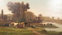 Louis Coignard Framed Oil on Panel Cows by Stream by Louis Coignard - 4136914