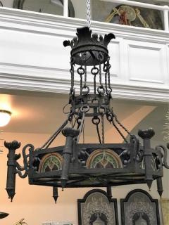 Louis Comfort Tiffany MONUMENTAL GOTHIC IRON AND ORNATE STAINED GLASS PANEL CHANDELIER - 1259324