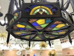 Louis Comfort Tiffany MONUMENTAL GOTHIC IRON AND ORNATE STAINED GLASS PANEL CHANDELIER - 1259325