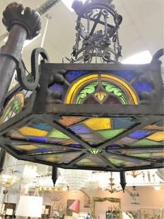 Louis Comfort Tiffany MONUMENTAL GOTHIC IRON AND ORNATE STAINED GLASS PANEL CHANDELIER - 1259326