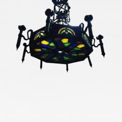 Louis Comfort Tiffany MONUMENTAL GOTHIC IRON AND ORNATE STAINED GLASS PANEL CHANDELIER - 1262766