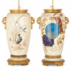 Louis Pierre Malpass Pair of French antique Japonisme glazed ceramic and ormolu mounted lamps - 3056093