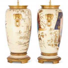 Louis Pierre Malpass Pair of French antique Japonisme glazed ceramic and ormolu mounted lamps - 3056094