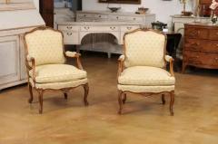 Louis XV Style French Walnut Fauteuils la Reine with Carved Floral Motifs - 3577357