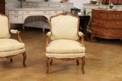 Louis XV Style French Walnut Fauteuils la Reine with Carved Floral Motifs - 3577358