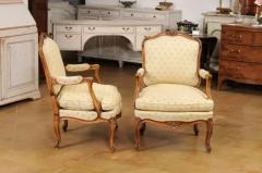 Louis XV Style French Walnut Fauteuils la Reine with Carved Floral Motifs - 3577359