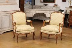 Louis XV Style French Walnut Fauteuils la Reine with Carved Floral Motifs - 3577455