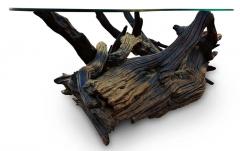 Louise Nevelson Superb Driftwood Mid Century Modern Coffee Table with Original Amoeba Glass Top - 2896758