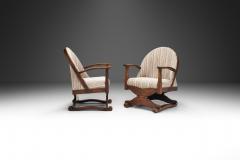 Lounge Chairs with Dark Stained Oak Frames and Carved Details Spain 1930s - 3458620