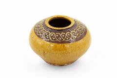 Low Round Yellow and Brown Patterned Rim Ceramic Vase - 4197420