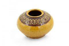 Low Round Yellow and Brown Patterned Rim Ceramic Vase - 4197421