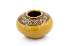 Low Round Yellow and Brown Patterned Rim Ceramic Vase - 4197422