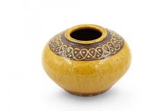 Low Round Yellow and Brown Patterned Rim Ceramic Vase - 4197423