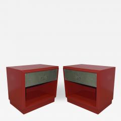Luciano Frigerio 1970s Italian Green Leather Burgundy Side Tables with Mirror and Bronze Accents - 469961
