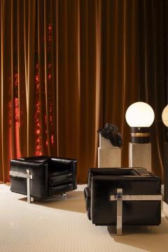 Luigi Caccia Dominioni Pair of Italian Armchairs in black vinyl and steel 1960s - 4453680