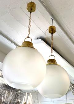 Luigi Caccia Dominioni Pair of Italian Midcentury Brass Satin Glass Ball Pendants by Caccia Dominioni - 4222382