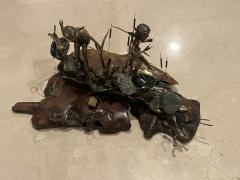 MALCOLM MORAN MODERNIST BRONZE AND STONES SCULPTURE OF GIRLS DOG CAT AND FROG FROLICKING - 3966508