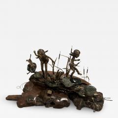 MALCOLM MORAN MODERNIST BRONZE AND STONES SCULPTURE OF GIRLS DOG CAT AND FROG FROLICKING - 3969015