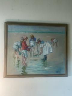 MARGARET PALMER LOVELY BEACHSIDE CHILDREN DIGGING IN SAND PAINTING BY MARGARET PALMER - 2085786