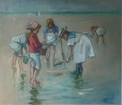 MARGARET PALMER LOVELY BEACHSIDE CHILDREN DIGGING IN SAND PAINTING BY MARGARET PALMER - 2091639