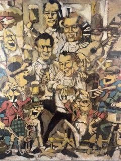 MELANGE OF CHARACTERS WITH KEYSTONE COP SINGING CAT IN BAR SCENE PAINTING - 4593007