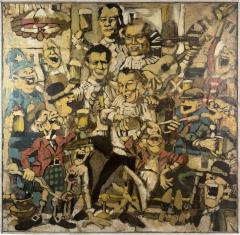MELANGE OF CHARACTERS WITH KEYSTONE COP SINGING CAT IN BAR SCENE PAINTING - 4594642