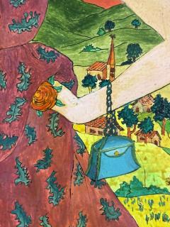 MICHEL LOEB MODERN COLORFUL PAINTING OF WOMAN IN HAT WITH FLOWERS IN HAYSTACK FIELDS - 4649104