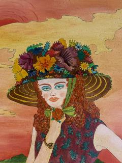 MICHEL LOEB MODERN COLORFUL PAINTING OF WOMAN IN HAT WITH FLOWERS IN HAYSTACK FIELDS - 4649109